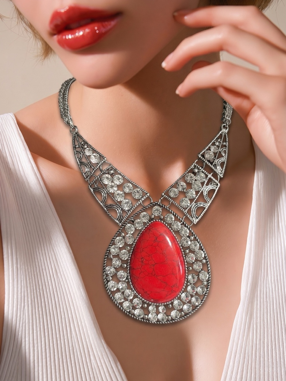 Statement Red Teardrop Pendant Necklace - Silver Tone